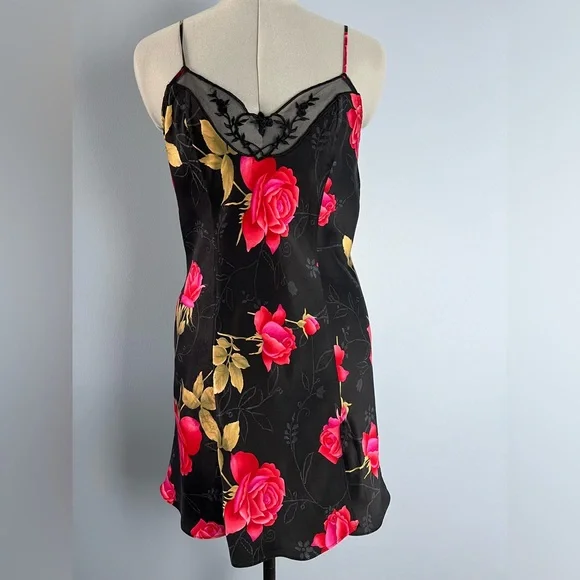 Vintage 90s Victoria’s Secret Silk Rose Chemise M Lace Trim